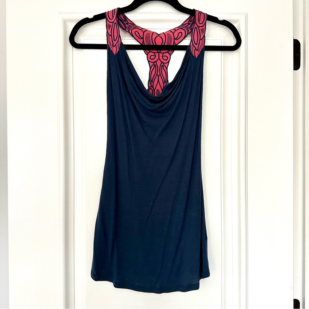 Anthropologie Ecote Blue and Coral Scoop Neck Halter Tank Top, Size Small